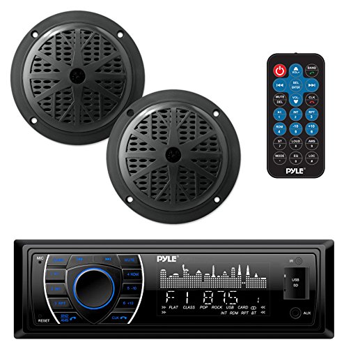 Pyle Marine Headunit Receiver Speaker Kit - In-Dash LCD Digital Stereo Built-in Bluetooth & Microphone w/AM FM Radio System 5.25’’ Waterproof Speakers (2) MP3/SD Readers & Remote Control - PLMRKT46BK