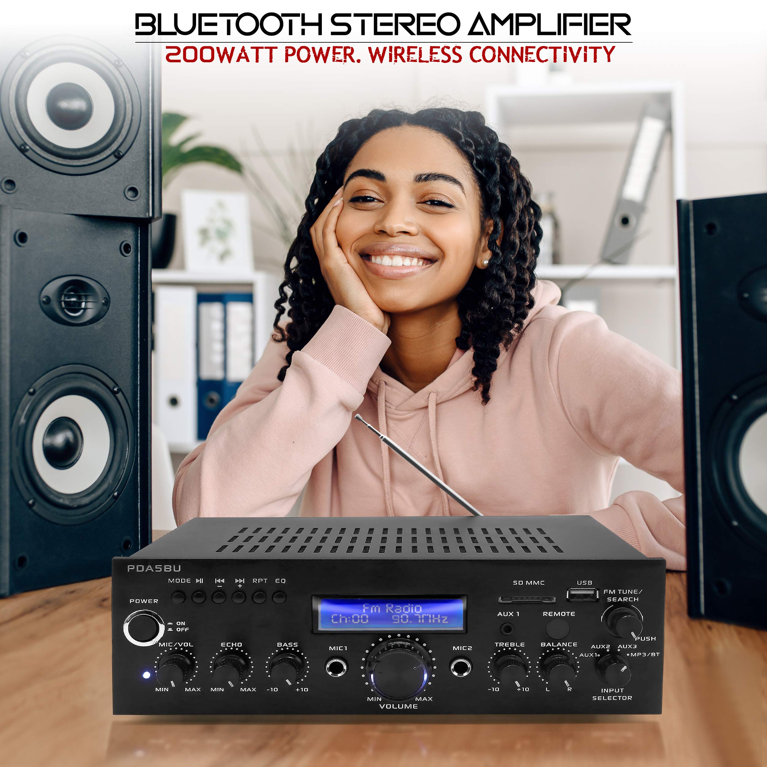 Pyle 200W Audio Stereo Receiver - Wireless Bluetooth Power Amplifier Home Entertainment System w/ AUX in, USB Port, 2 Karaoke Microphone Input, Remote -PDA5BU.0, Black