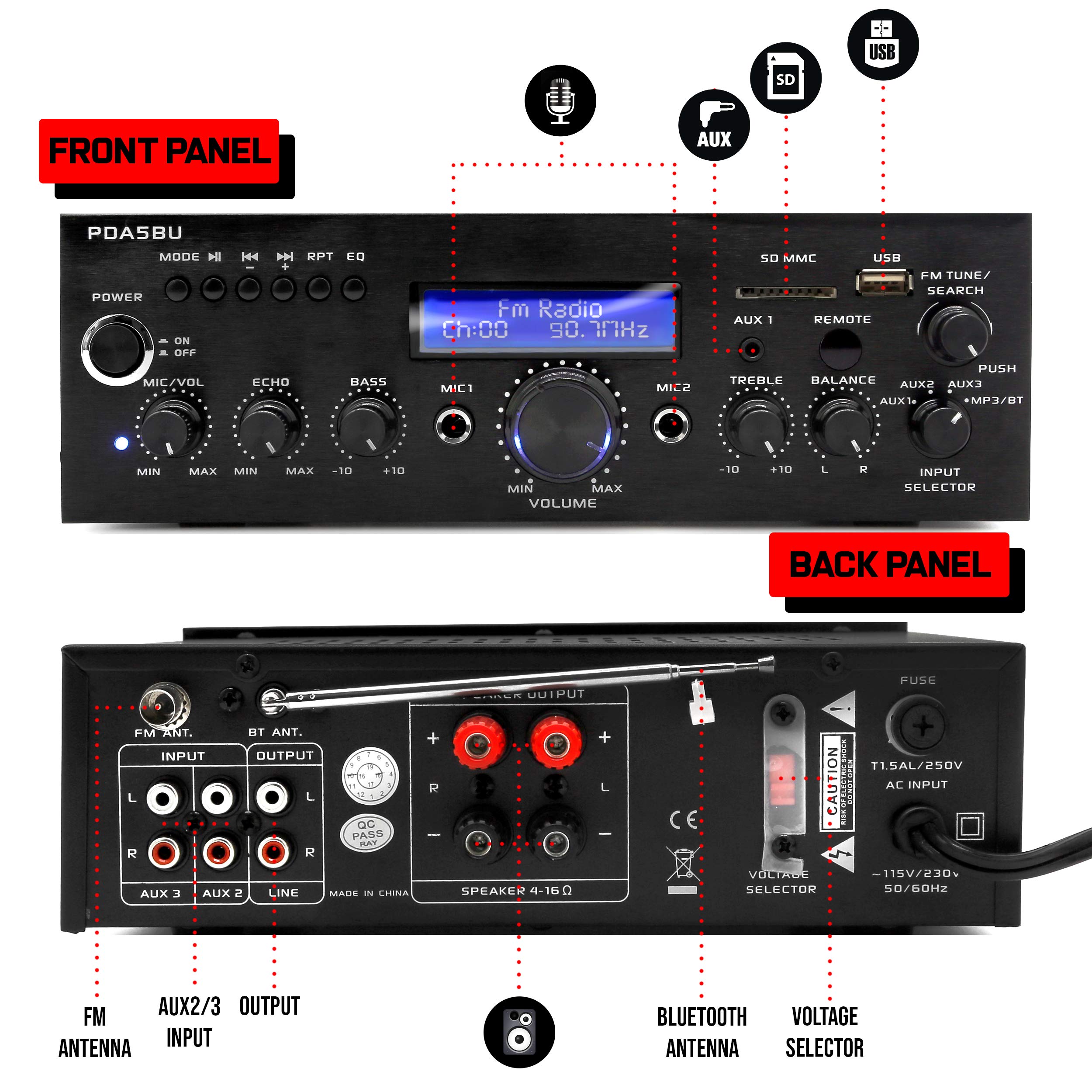 Pyle 200W Audio Stereo Receiver - Wireless Bluetooth Power Amplifier Home Entertainment System w/ AUX in, USB Port, 2 Karaoke Microphone Input, Remote -PDA5BU.0, Black