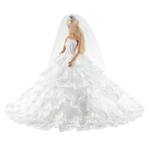 BARWA Wedding Dress Princess Evening Party White Dress Gown with Veil for 11.5 inch Dolls