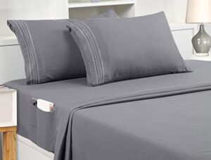 utopia bedding queen sheet set – soft microfiber 4 piece luxury bed sheets with deep pockets - embroidered pillow cases - side storage pocket fitted sheet - flat sheet (grey)