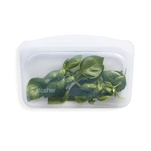 stasher reusable silicone storage bag, food storage container, microwave and dishwasher safe, leak-free, snack, clear