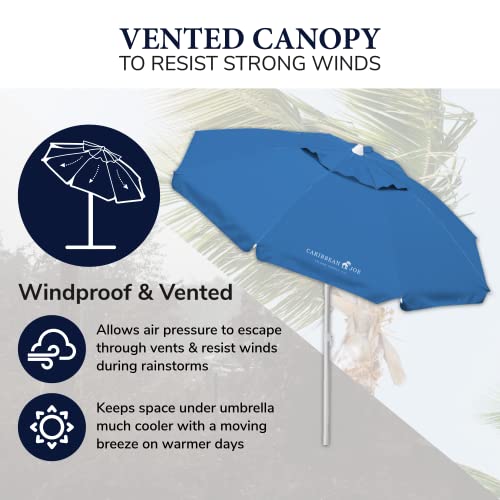 Caribbean Joe Beach Umbrella, Portable and Adjustable Tilt Sun Umbrella with UV Protection, Vented Canopy, Full 6.5 ft Arc, Blue