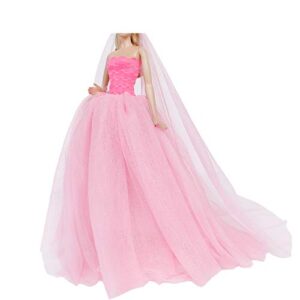 BJDBUS 11.5 inch Girl Doll Clothes, Pink Trailing Wedding Dress with Veil