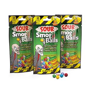 toxic waste | 3-pack bags of sour smog balls | deliciously hard candy with a chewy sour center - 6 flavors: lime, cherry, strawberry, lemon, blue raspberry, and grape