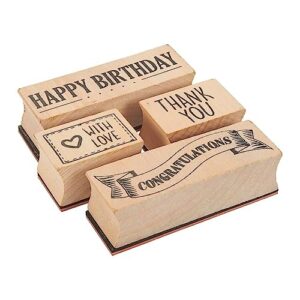 4-piece card making stamps set - wood mounted rubber stamps for card making, diy crafts, scrapbooking - happy birthday, thank you, congratulations, with love