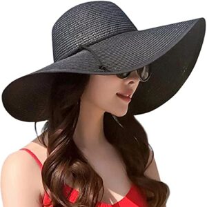 lanzom womens wide brim straw hat big floppy foldable roll up cap beach sun hat upf 50+(twine-black)