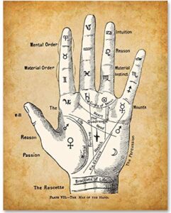 palm reading divination chart - classic fortune teller decor, chiromancy wall art, gift for oddity palm readers, palmistry and astrology fans, 11x14 unframed art print poster