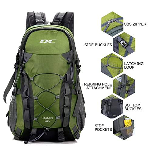 Diamond Candy Waterproof Hiking Backpack for Men and Women, Lightweight Day Pack for Travel Camping, ArmyGreen, 40L