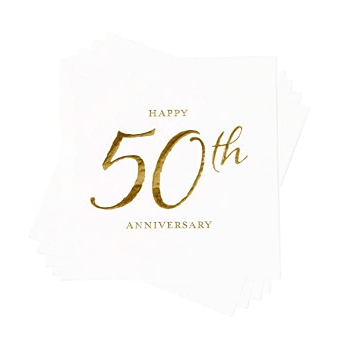 X&O Paper Goods TW4-19878 Happy 50th Anniversary Disposable Paper Cocktail Napkins, 5'' x 5'', Gold Foil, 20pcs