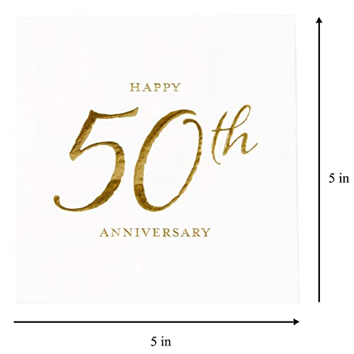 X&O Paper Goods TW4-19878 Happy 50th Anniversary Disposable Paper Cocktail Napkins, 5'' x 5'', Gold Foil, 20pcs