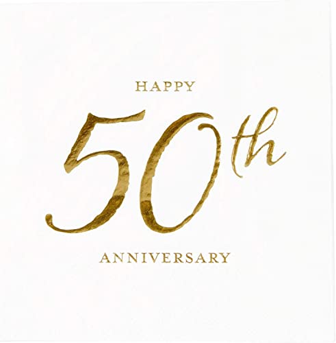 X&O Paper Goods TW4-19878 Happy 50th Anniversary Disposable Paper Cocktail Napkins, 5'' x 5'', Gold Foil, 20pcs