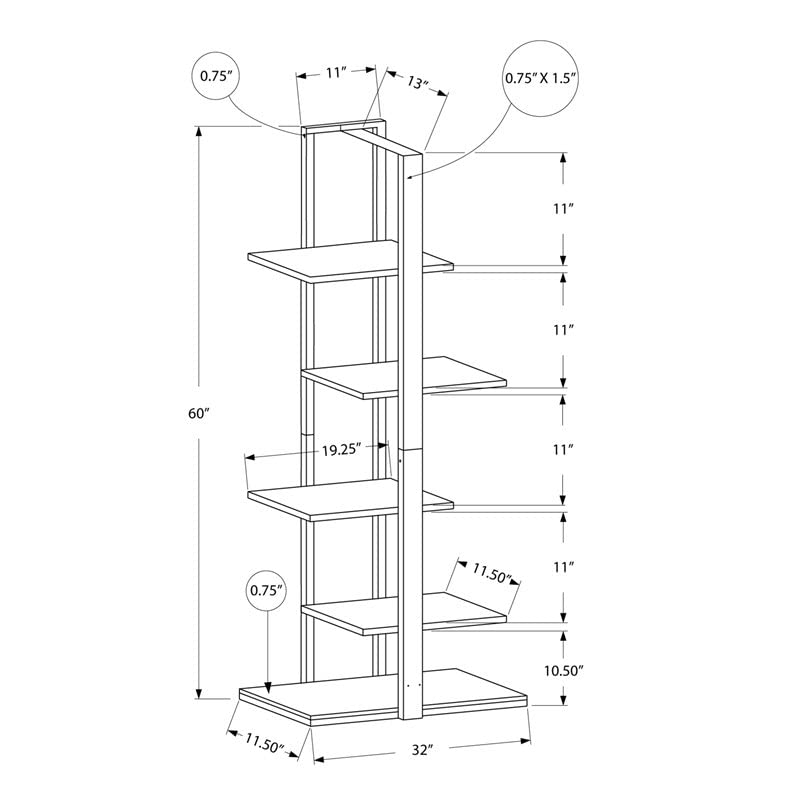 Monarch Specialties I 7231 Bookshelf, Bookcase, Etagere, 5 Tier, 60" H, Office, Bedroom, Metal, Laminate, Black, Contemporary, Modern