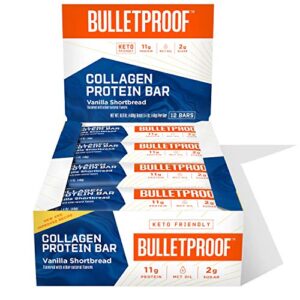 collagen protein bars, vanilla shortbread, 11g protein, 12 pack, bulletproof grass fed healthy snacks, made with mct oil, 2g sugar, no added sugar