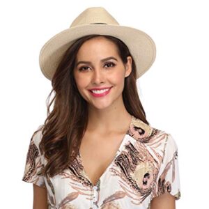 Lanzom Women Wide Brim Straw Panama Roll up Hat Fedora Beach Sun Hat UPF50+ (Khaki) One Size