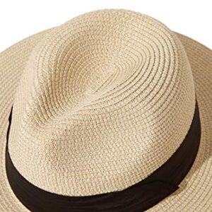 Lanzom Women Wide Brim Straw Panama Roll up Hat Fedora Beach Sun Hat UPF50+ (Khaki) One Size