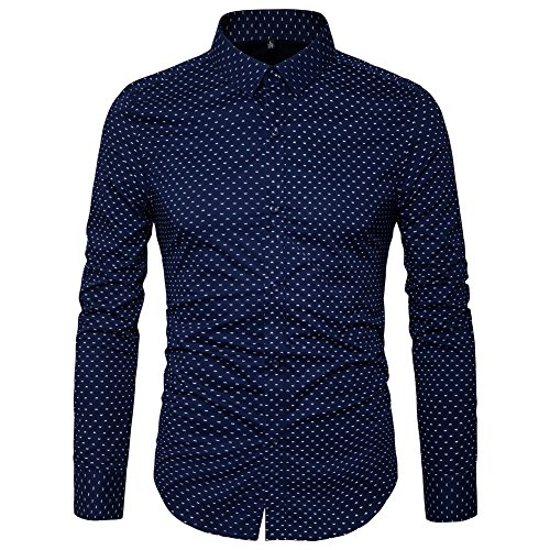 MUSE FATH Men’s Button Down Dress Shirt-Cotton Casual Long Sleeve Shirt-Party Dress Shirt-Navy Blue-L