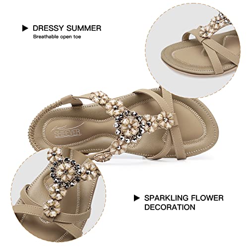 SHIBEVER Sandals Women Flat Dressy: Summer Comfortable Walking Sandal Bohemian Ankle Strap Shoes Outdoor Apricot 8.5