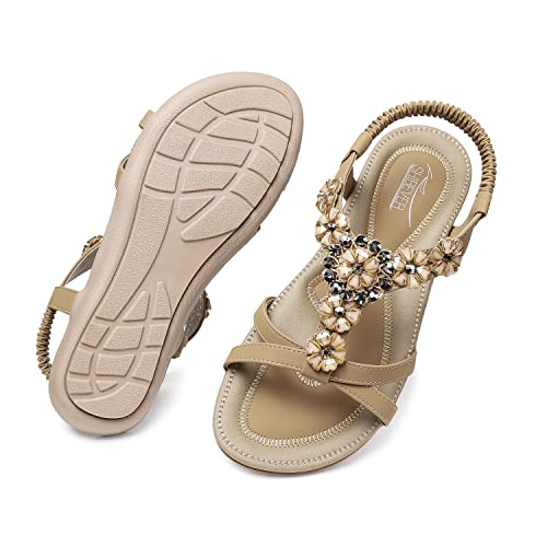 SHIBEVER Sandals Women Flat Dressy: Summer Comfortable Walking Sandal Bohemian Ankle Strap Shoes Outdoor Apricot 8.5