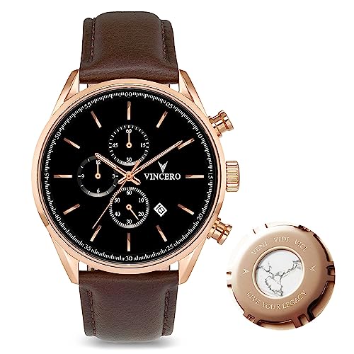 Vincero Luxury Watch for Men - Chrono S Men's Watch, 43mm Stainless Steel, Top-Grain Italian Leather Band, Quartz Movement, Men's Wrist Watch, Analog Watch, Automatic Watch (Rose Gold)