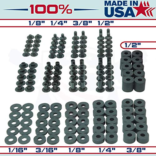 Black Chicago Screw - Thru Hole Binding Post Kit 1/8, 1/4, 3/8, 1/2 Inch Machine Screw Fasteners + Rubber Washers, QuickClipPro Kydex Leather Holster Sheath (3/8" - 10 Pack)