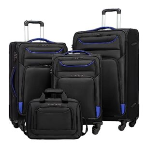 coolife luggage 4 piece set suitcase tsa lock spinner softshell lightweight(black+blue)