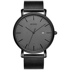 burei men's fashion minimalist wrist watch all black waterproof watches simple ultra thin watches analog quartz date with stainless steel mesh band