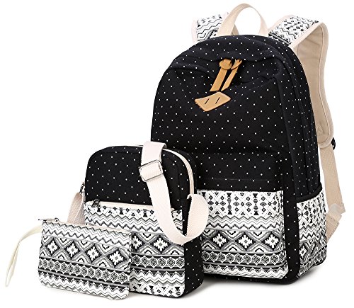 Goldwheat Canvas Print Backpack Cute Teen Backpacks for Girls School Bag with Lunch Bag