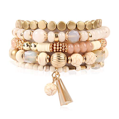 RIAH FASHION Bohemian Mix Bead Multi Layer Versatile Statement Bracelets - Stackable Beaded Strand Stretch Bangles Sparkly Crystal, Tassel Charm (Natural)