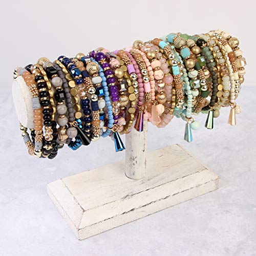 RIAH FASHION Bohemian Mix Bead Multi Layer Versatile Statement Bracelets - Stackable Beaded Strand Stretch Bangles Sparkly Crystal, Tassel Charm (Natural)