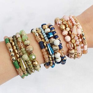 RIAH FASHION Bohemian Mix Bead Multi Layer Versatile Statement Bracelets - Stackable Beaded Strand Stretch Bangles Sparkly Crystal, Tassel Charm (Natural)