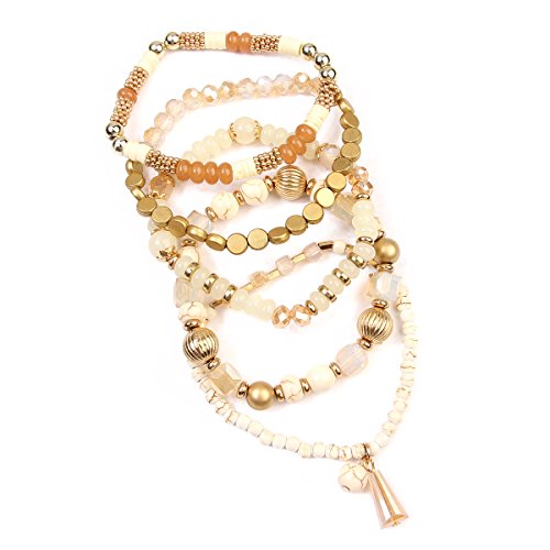 RIAH FASHION Bohemian Mix Bead Multi Layer Versatile Statement Bracelets - Stackable Beaded Strand Stretch Bangles Sparkly Crystal, Tassel Charm (Natural)