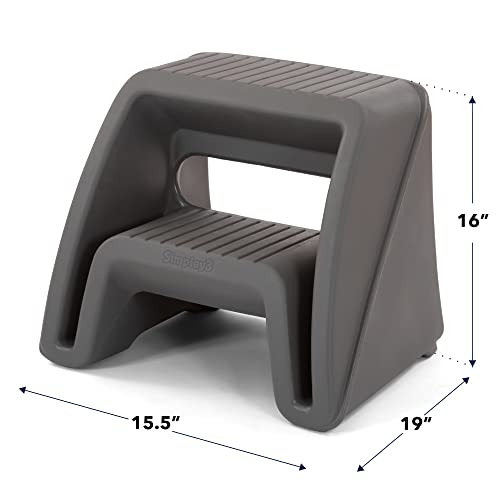 Simplay3 Handy Home Step Stool Plastic Two-Step Stool Seat - Indoor or Outdoor Use - 15.5" x 19" x 16" - Gray, Made in USA