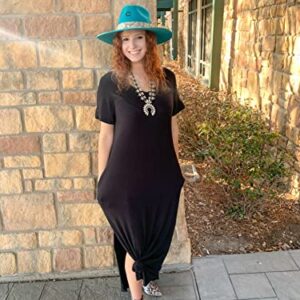 GRECERELLE Women's Casual Loose Pocket Long Dress Short Sleeve Split Maxi Dress Black Large