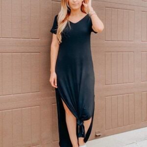 GRECERELLE Women's Casual Loose Pocket Long Dress Short Sleeve Split Maxi Dress Black Large