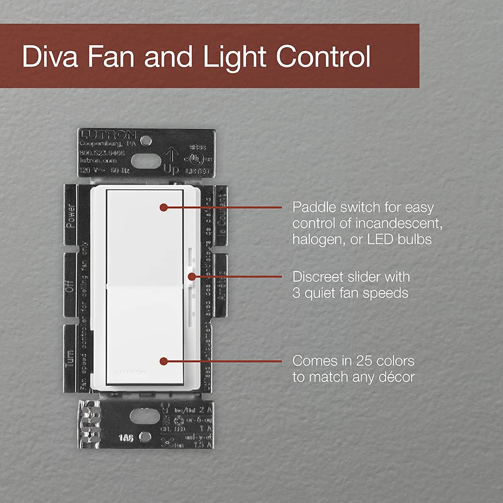 Lutron Diva 3-Speed Fan Control and Light Switch, Single-Pole/3-Way, 1.5A Fan/1A LED, DVFSQ-LF-WH, White