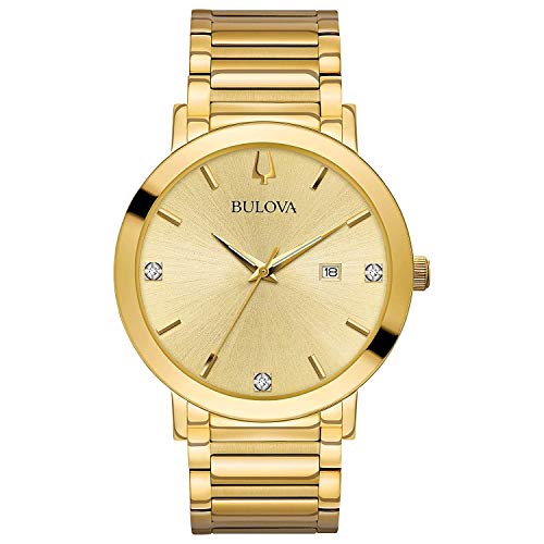 Bulova Men's Modern Gold Tone Stainless Steel 3-Hand Calendar Date Quartz Watch, Black Dial with Diamonds Style: 97D115