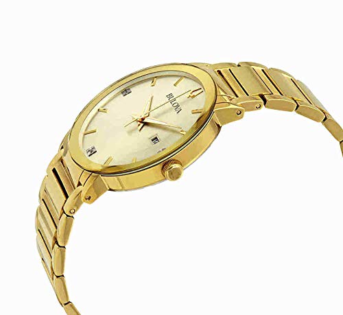 Bulova Men's Modern Gold Tone Stainless Steel 3-Hand Calendar Date Quartz Watch, Black Dial with Diamonds Style: 97D115