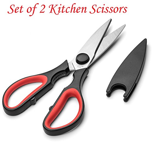 Ultra Sharp Kitchen Cooking Scissors, Heavy Duty, Serrated Stainless Steel Shears, Set of 2, Protective Cap, Dishwasher Safe