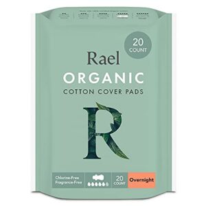 rael pads for women, organic cotton cover - period pads with wings, feminine care, sanitary napkins, heavy absorbency, unscented, ultra thin (overnight, 20 count)