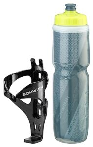 schwinn bike bottle holder with reflective insulated water bottle, 26 oz. bpa-free squeeze sport bottle and durable polymer cage, easy to mount cycling accessory