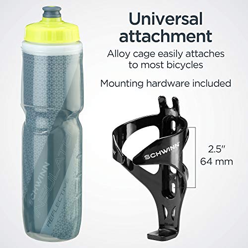 Schwinn Bike Bottle Holder with Reflective Insulated Water Bottle, 26 Oz. BPA-Free Squeeze Sport Bottle and Durable Polymer Cage, Easy To Mount Cycling Accessory