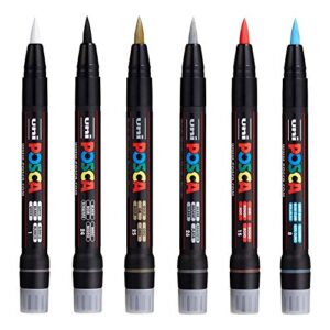 uni posca pcf-350 brush tipped paint marker art pen - fabric glass metal pen - the 6 most popular colours