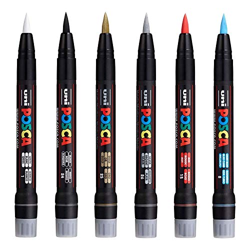 Uni Posca PCF-350 Brush Tipped Paint Marker Art Pen - Fabric Glass Metal Pen - The 6 Most Popular Colours