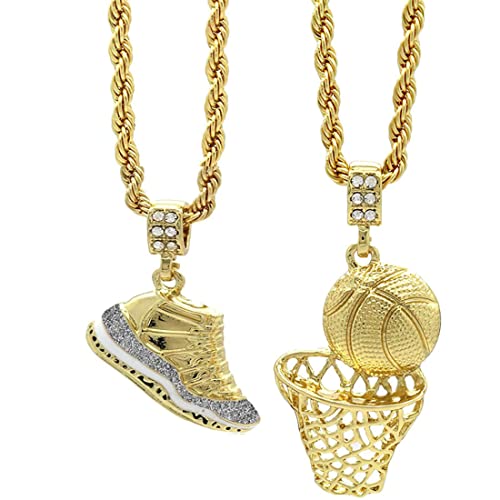 Men's Hip Hop Sports Necklace Gold Plated Vintage Black Sneakers and Basket Fade Resistant 24" Cord Chain