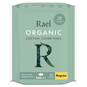 rael pads for women, organic cotton cover pads - regular absorbency, unscented, ultra thin pads with wings for women (regular, 28 count)