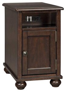 signature design by ashley barilanni traditional chair side end table with 1 storage cubby, 2 fixed shelves, 2 usb ports & outlets, dark brown