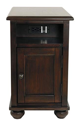 Signature Design by Ashley Barilanni Traditional Chair Side End Table with 1 Storage Cubby, 2 Fixed Shelves, 2 USB Ports & Outlets, Dark Brown