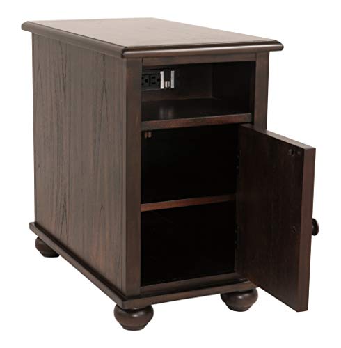 Signature Design by Ashley Barilanni Traditional Chair Side End Table with 1 Storage Cubby, 2 Fixed Shelves, 2 USB Ports & Outlets, Dark Brown