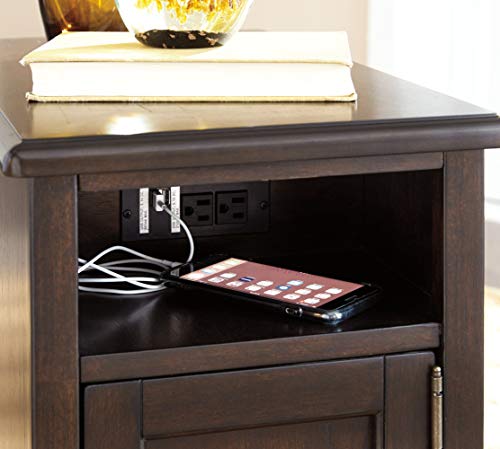 Signature Design by Ashley Barilanni Traditional Chair Side End Table with 1 Storage Cubby, 2 Fixed Shelves, 2 USB Ports & Outlets, Dark Brown